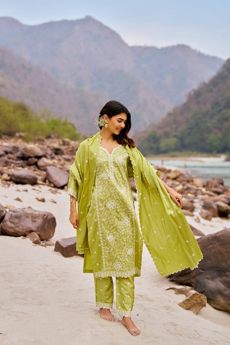 Green Cotton Embroidered Straight Kurta Set With Dupatta
