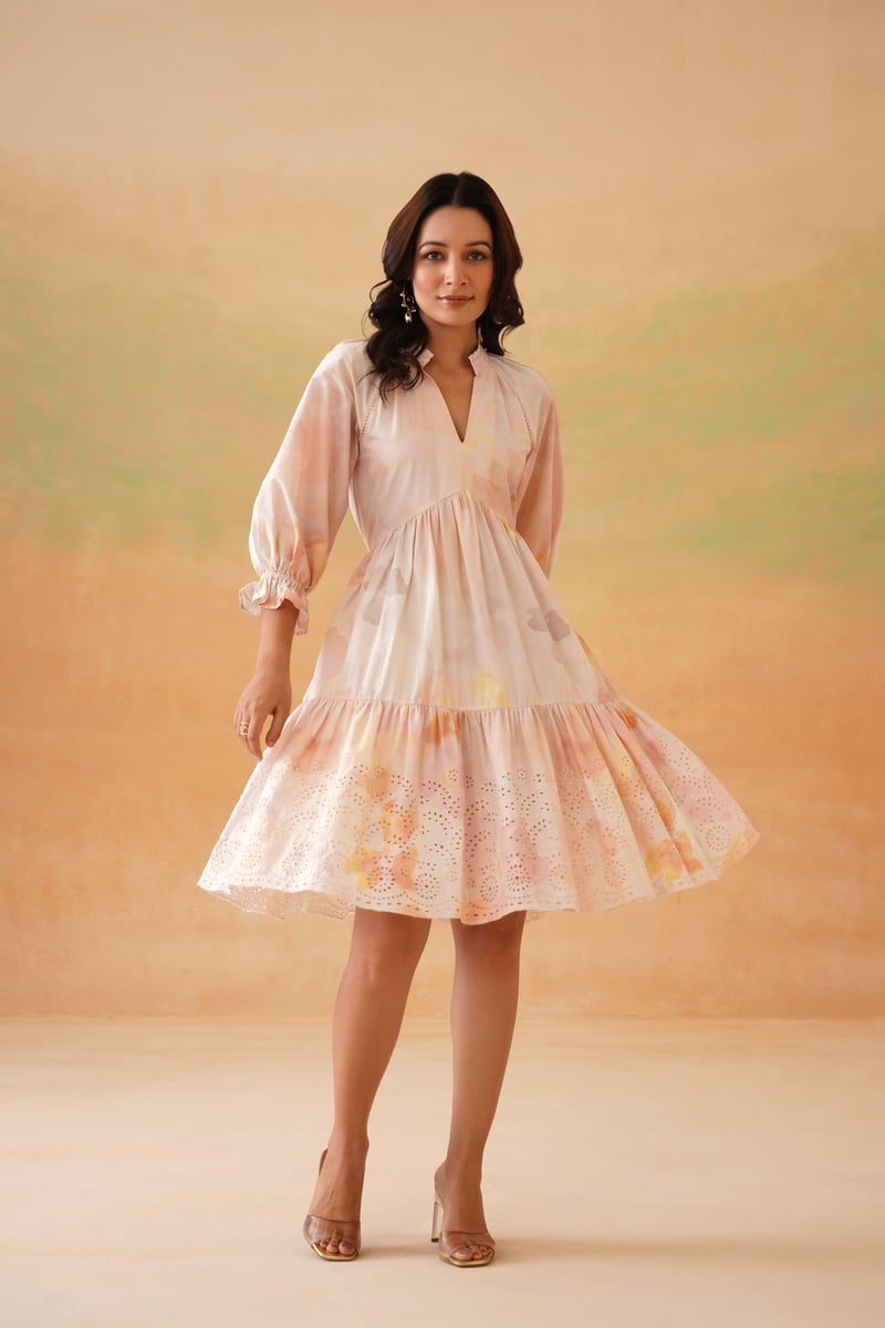 Pink Floral Tiered Knee-Length Dress with 3/4 Sleeves