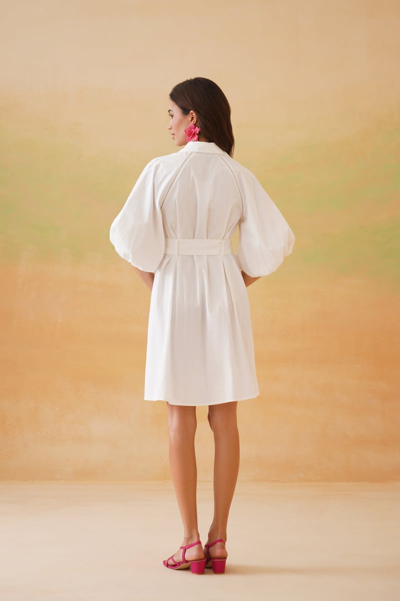 White Belted Shirt Dress with Balloon Sleeves