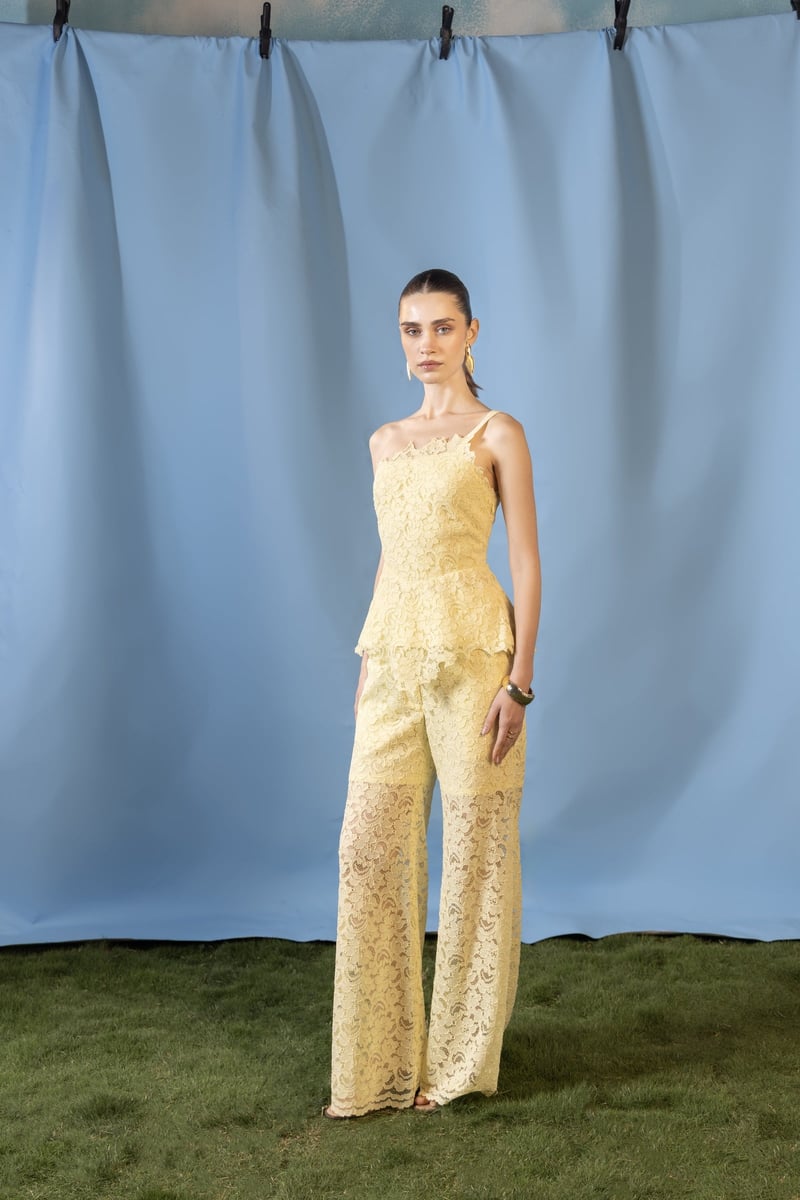 Butter Yellow One-Shoulder Lace Co-ord Set