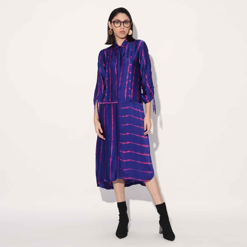 Pink/Purple Shibori Striped Satin Midi Shirtdress