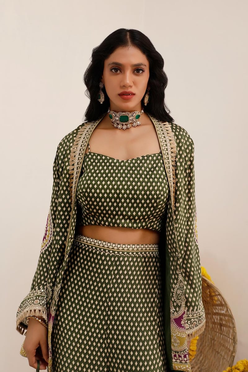 Olive Green Printed Blazer, Blouse and Sharara Co-ord Set