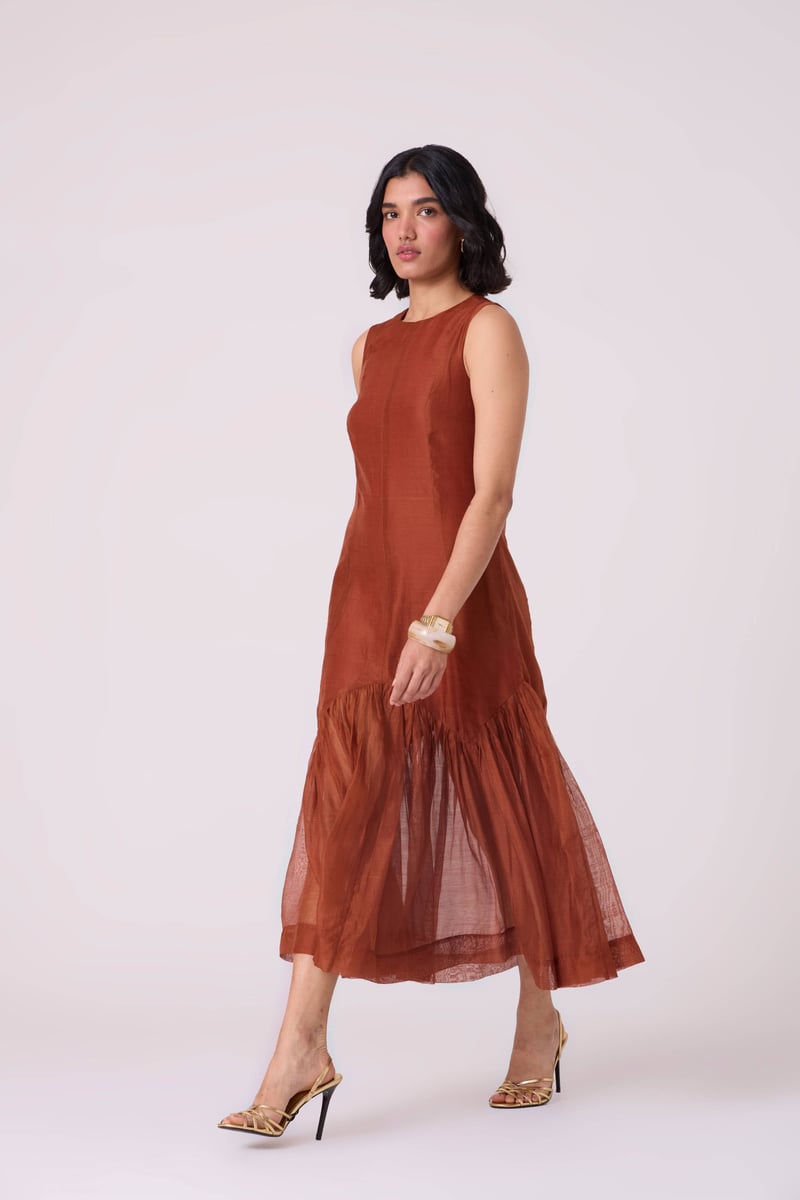 Copper Sleeveless A-Line Tiered Midi Dress