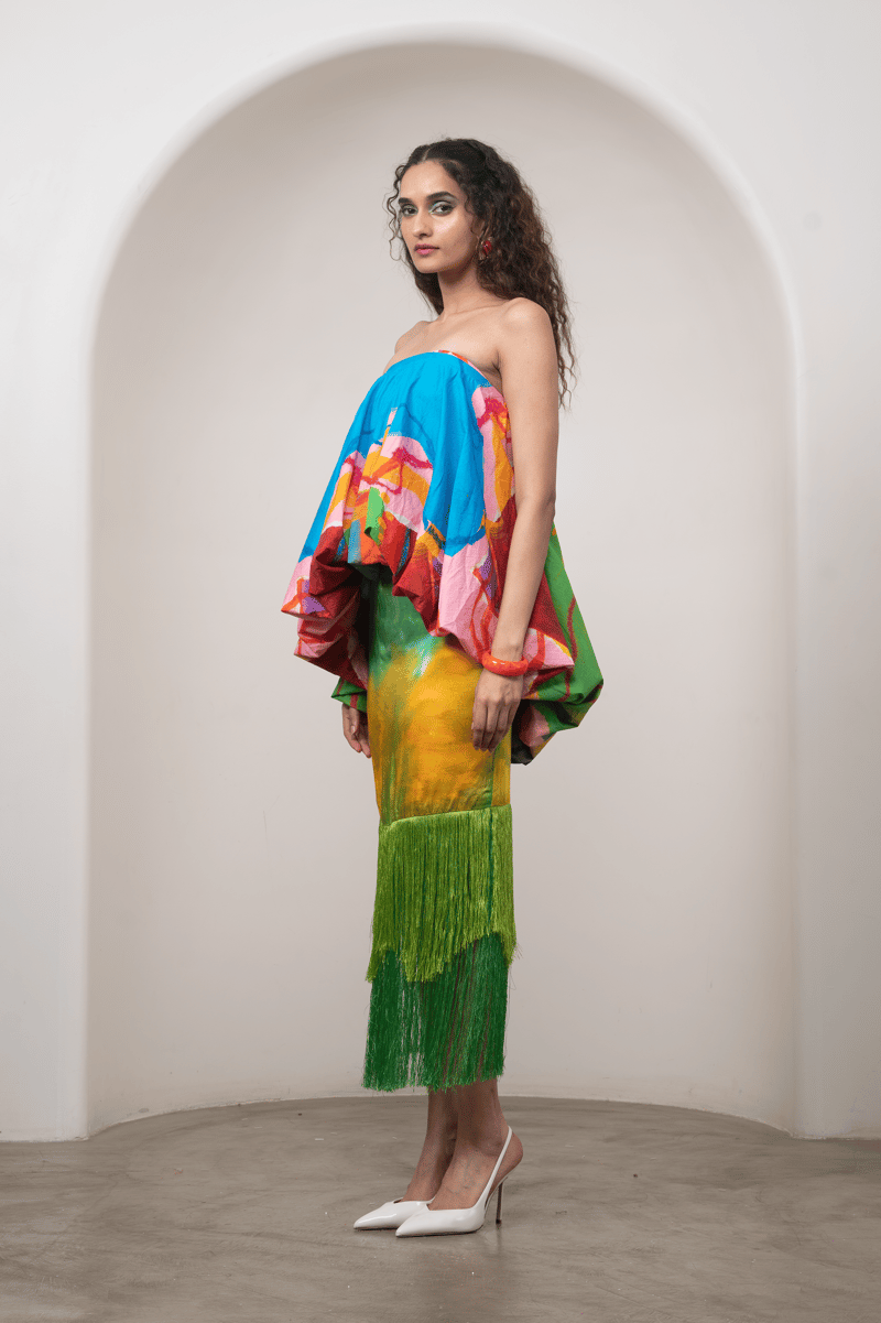 Multicolor Off-Shoulder Bubble Top and Midi Skirt Co-ord Set