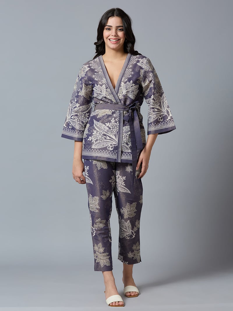 Navy Metallic Floral Printed Straight-Leg Trousers