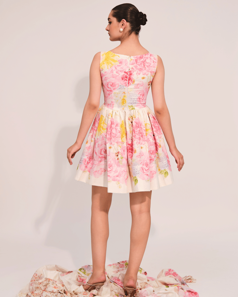 Apricot Floral Linen Fit and Flare Mini Dress