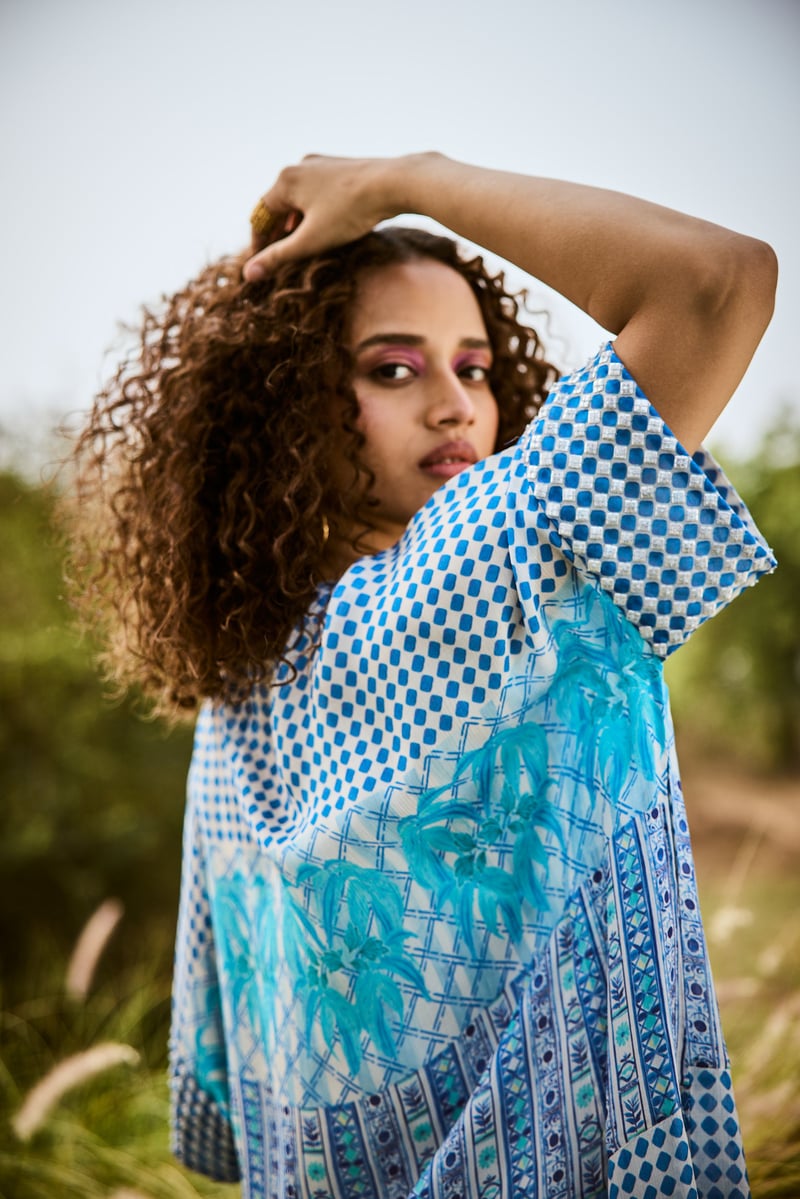 Blue Printed Chiffon Kaftan Maxi Dress