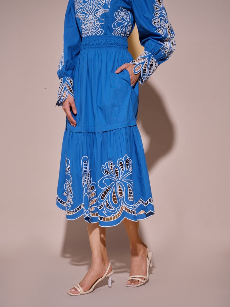 Blue High-Waist Tiered Cutwork Midi Skirt