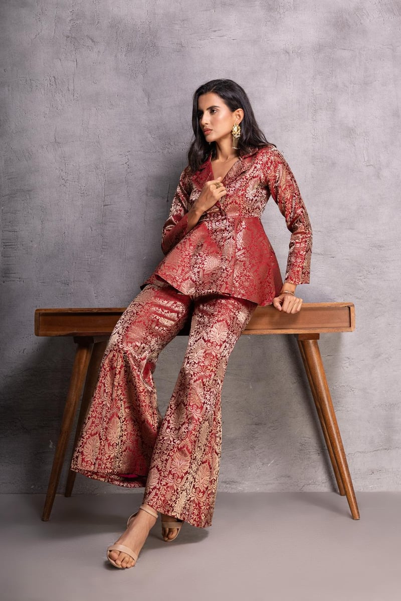 Maroon Brocade Peplum Top and Flared Pants Co-ord Set