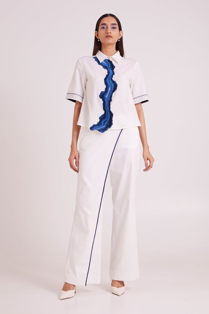 Ivory Shirt and Wide-Leg Pants Co-ord Set with Blue Appliqué — Madder Much