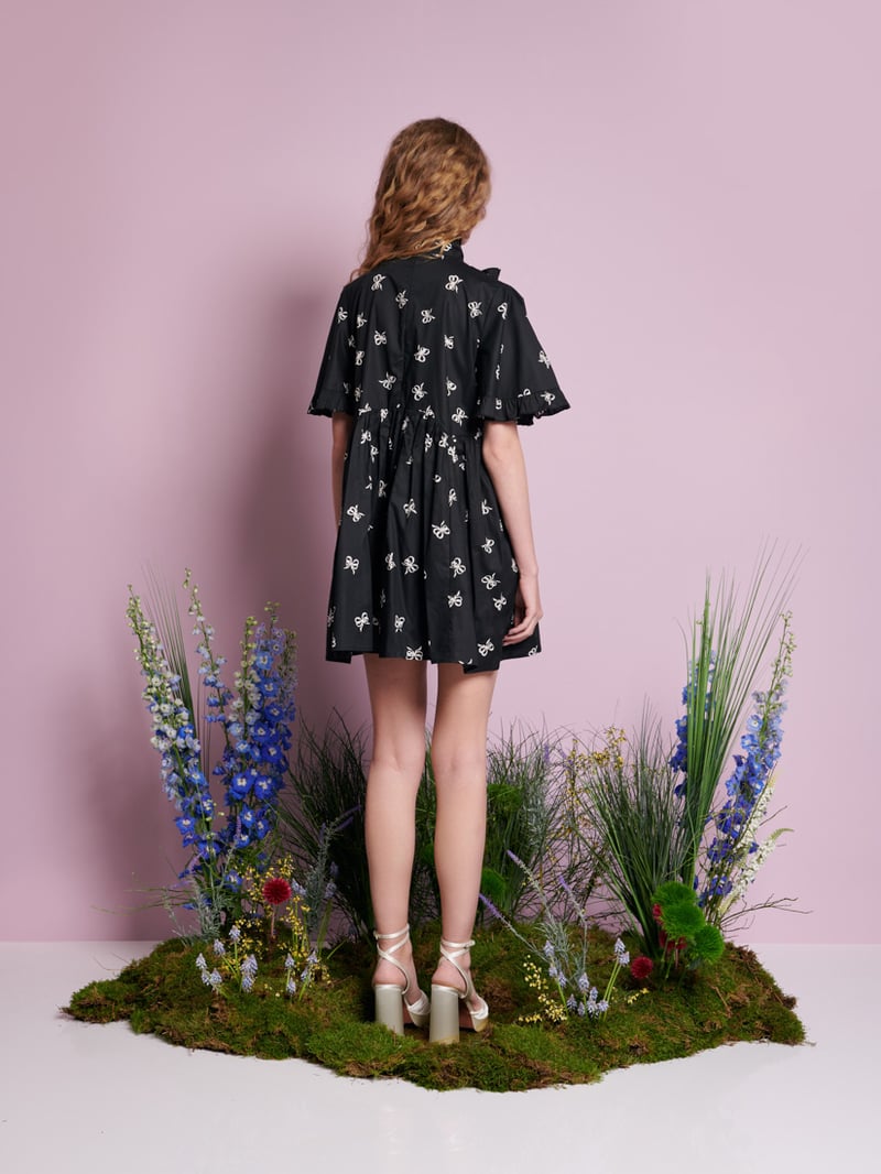 Black Bow Print Oversized Smock Mini Dress