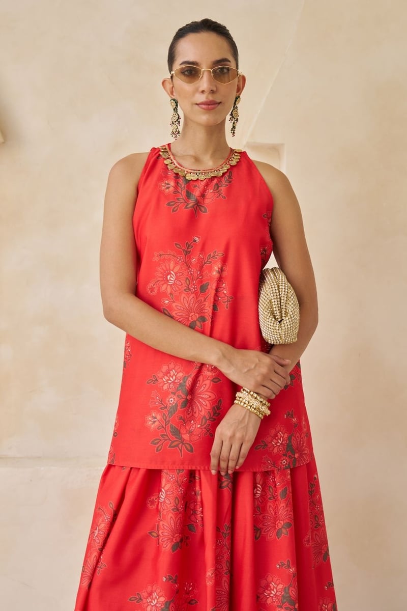Red Chanderi Floral Lehenga Set With Embellished Neckline