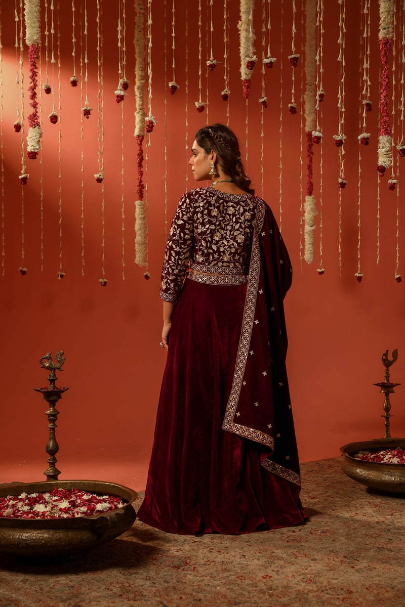 Maroon Velvet Embroidered Lehenga Set With Dupatta