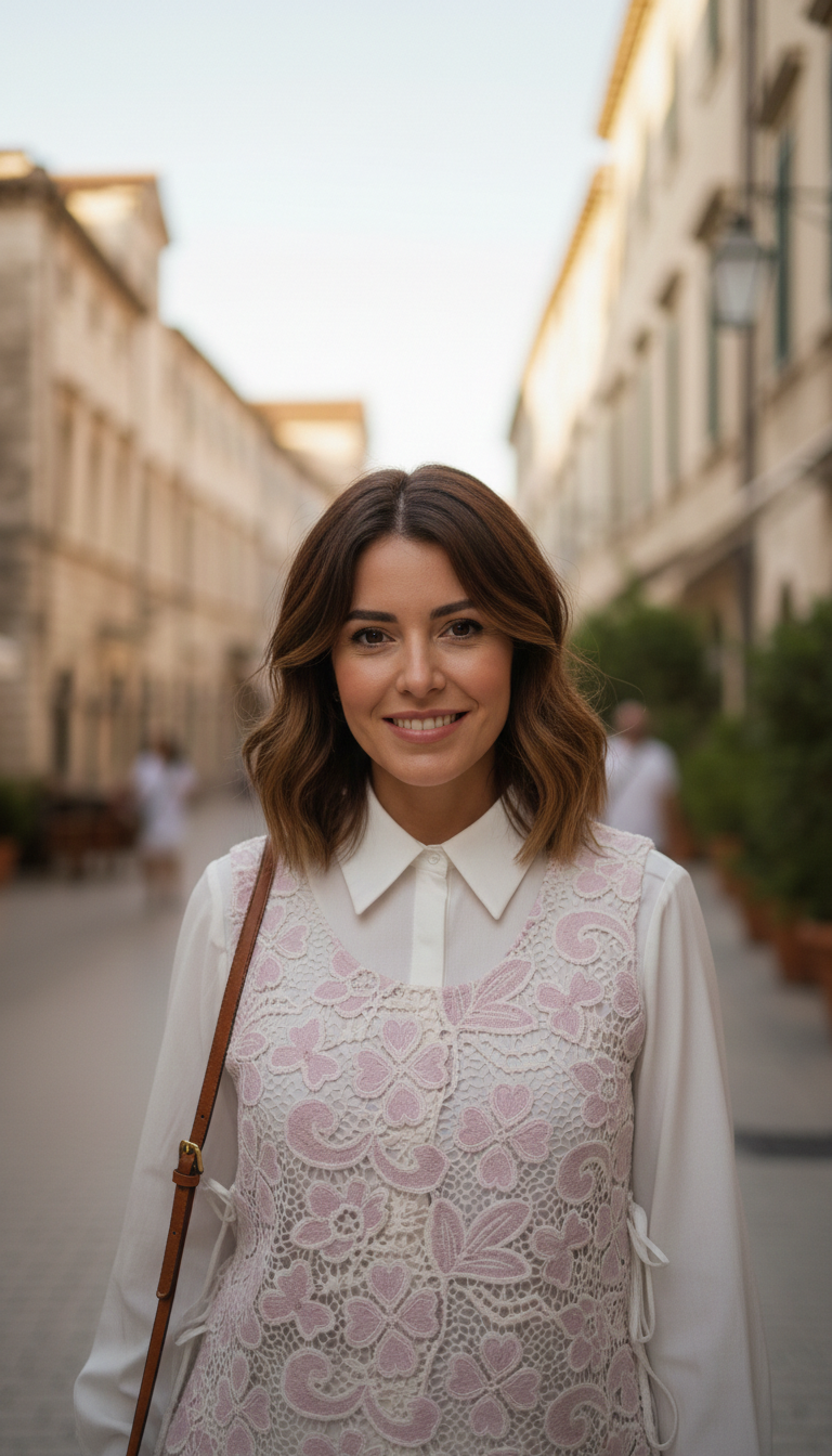 Pink and Off-White Lace Shirt and Wide-Leg Co-ord Set