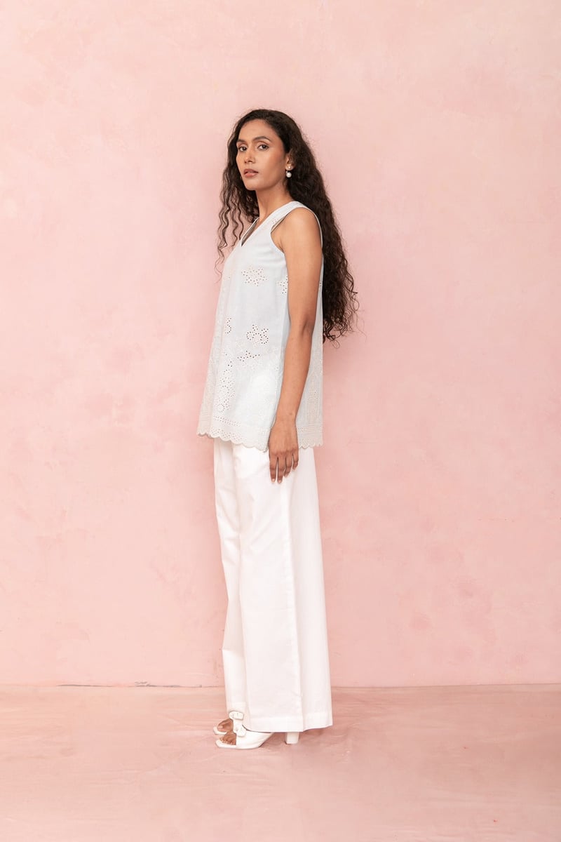 Blue Cotton Cambric Sleeveless V-Neck Embroidered Top