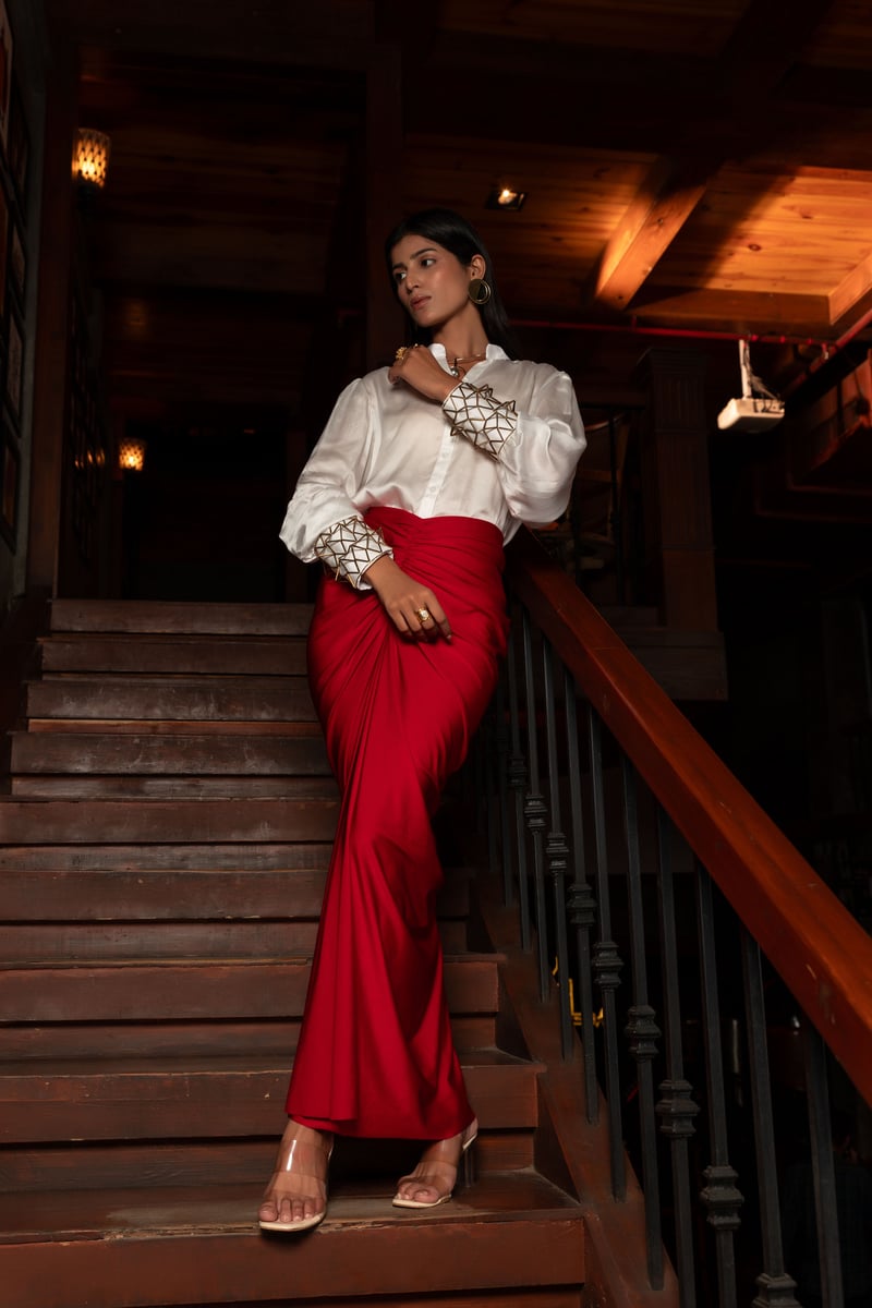White Shirt and Red Midi Skirt Co-ord Set