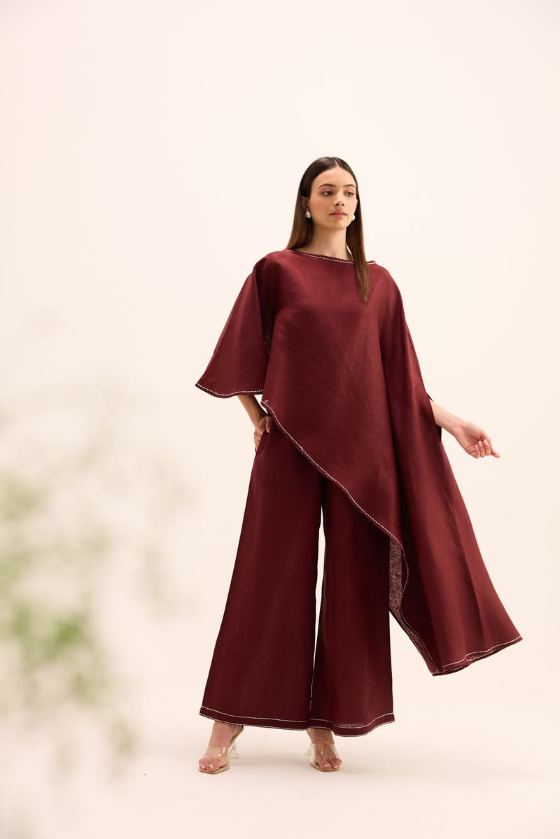Burgundy Linen Asymmetric Cape Top and Pants Co-ord Set — Prink Tonic