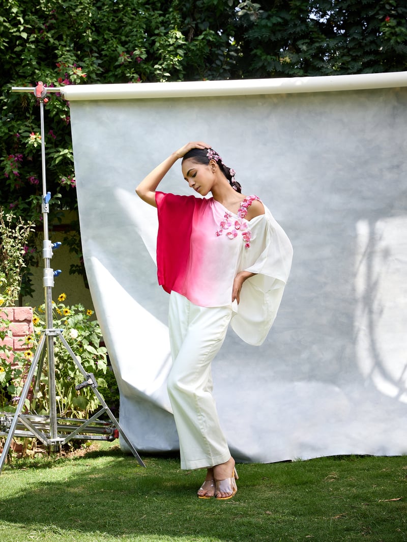 White Pink Ombre Kaftan Top with 3D Floral Embroidery