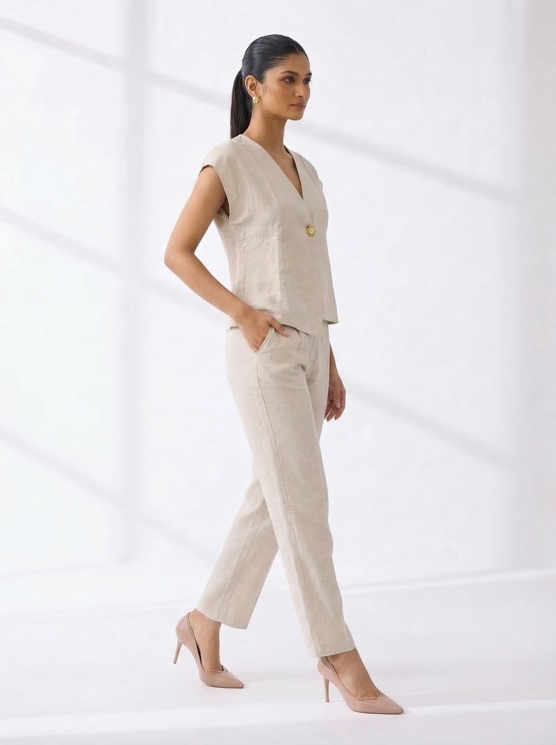 Natural Cotton V-Neck Top and Pant Co-ord Set