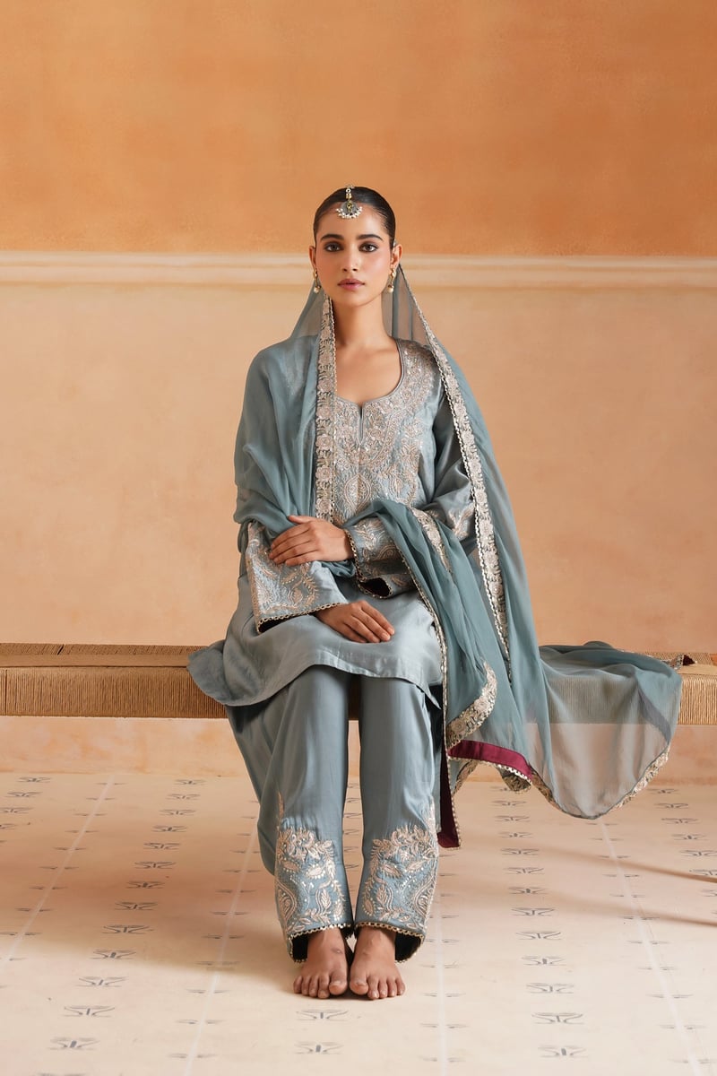 Sage Blue Chanderi Embroidered Kurta Set with Dupatta