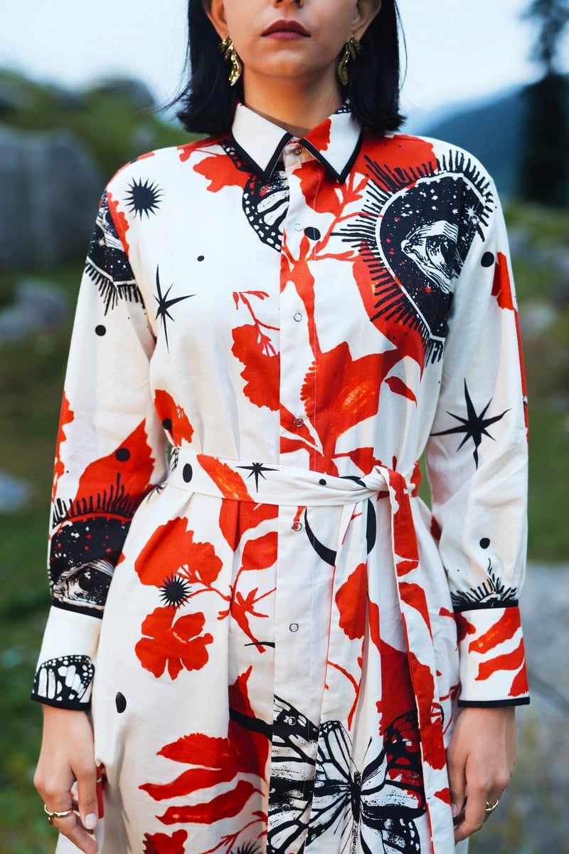 White/Red Printed Midi Shirt Dress with Detachable Belt