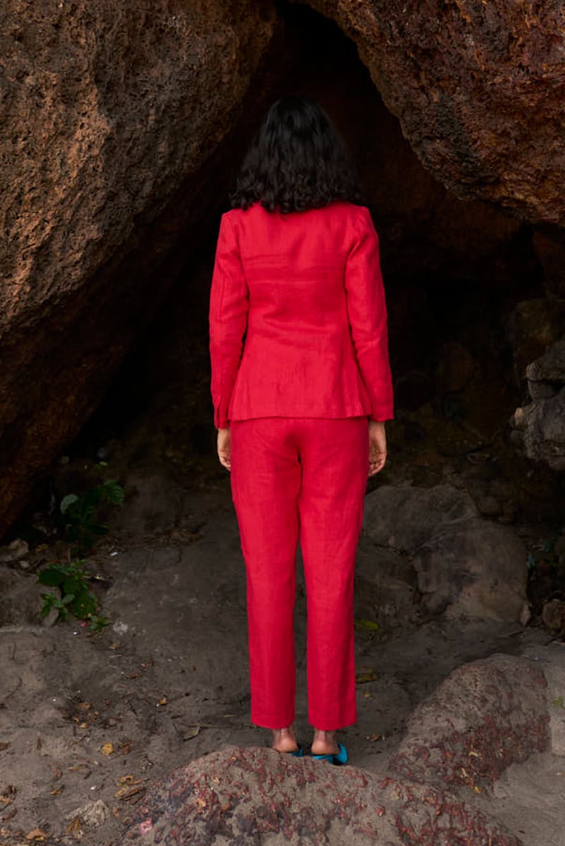 Red Linen Shawl Lapel Single-Button Tailored Blazer