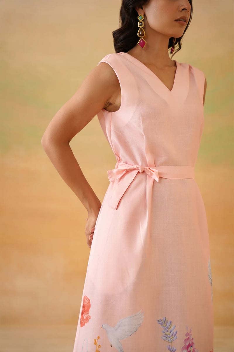 Peach V-Neck Sleeveless Midi Dress with Waist Tie