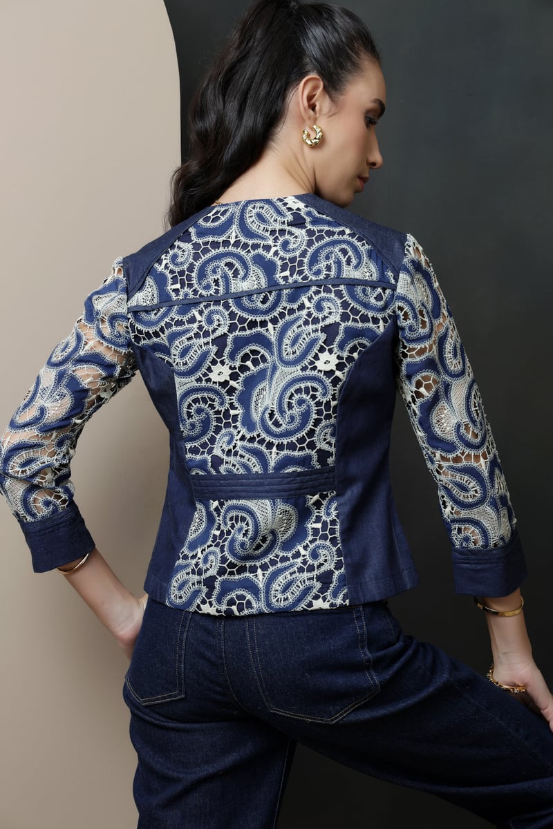 Dark Denim and Ecru Lace Structured Zip Jacket