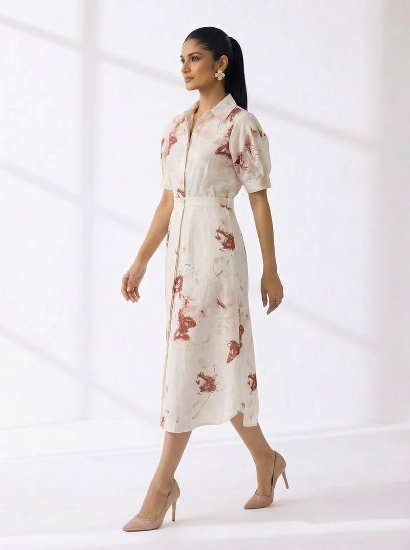 Butterfly Cream Abstract Print Midi Shirt Dress