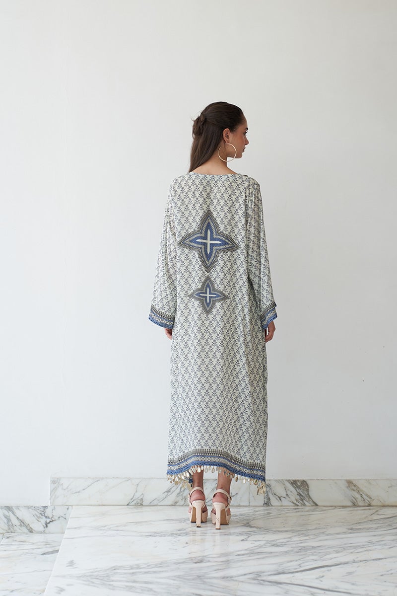 White and Blue Printed Kaftan with Mirror Work Neckline
