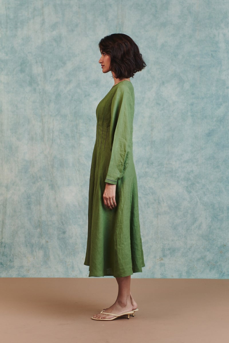 Moss Linen Pleated Waist Dress