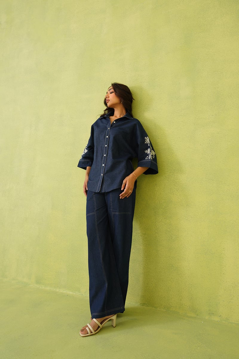 Denim Blue Embroidered Shirt and Wide-Leg Co-ord Set