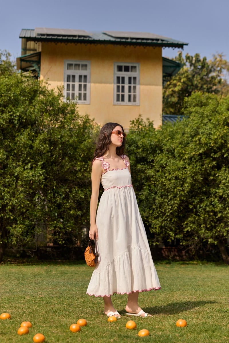 White Embroidered Strap Tiered Midi Dress