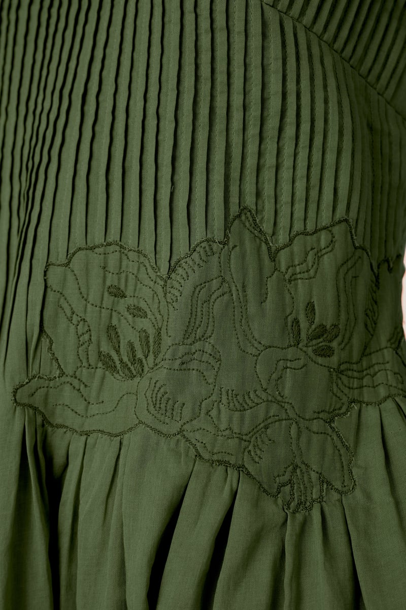Green Pintuck Bodice Embroidered Midi Dress