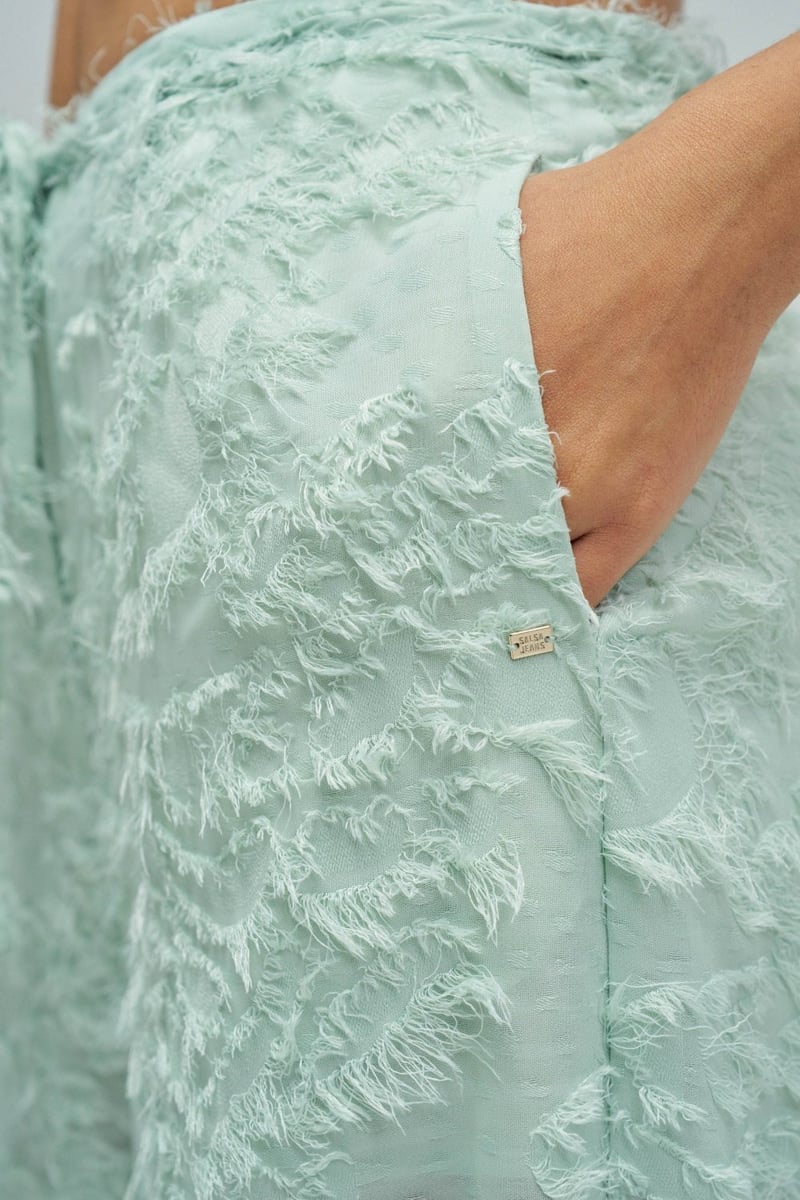 Light Green Textured Wide-Leg Drawstring Trousers