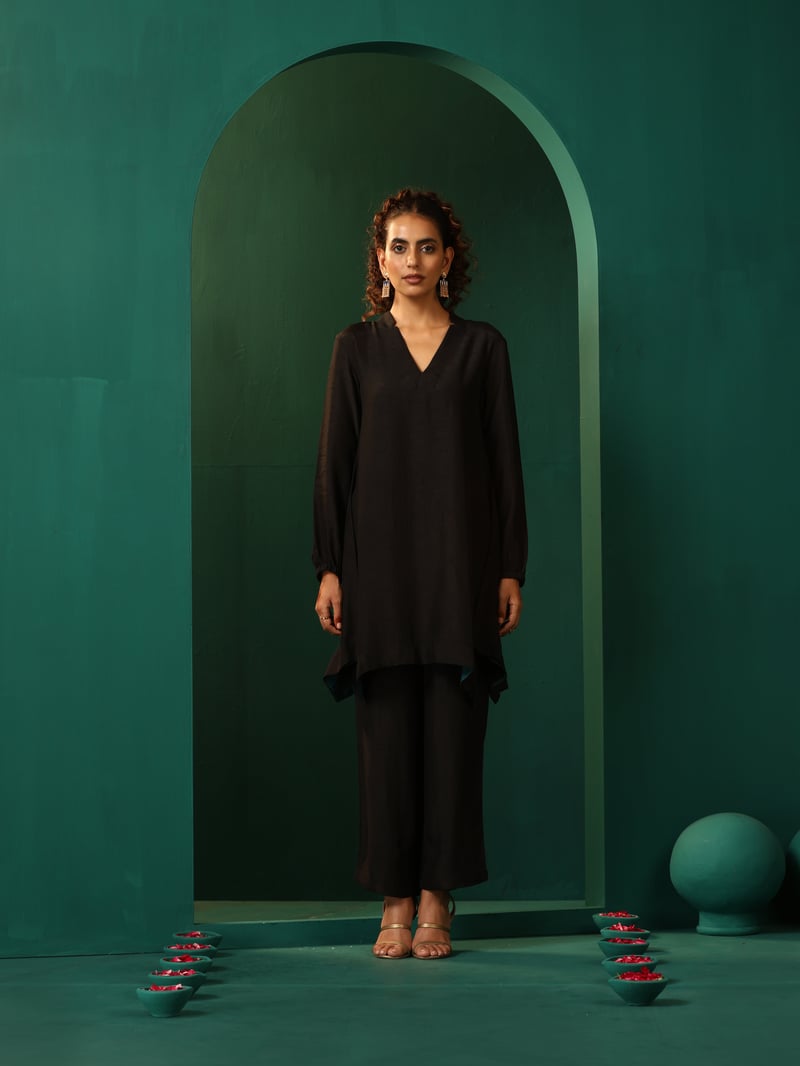 Black Silk-Blend V-Neck Co-ord Set with Wide-Leg Pants