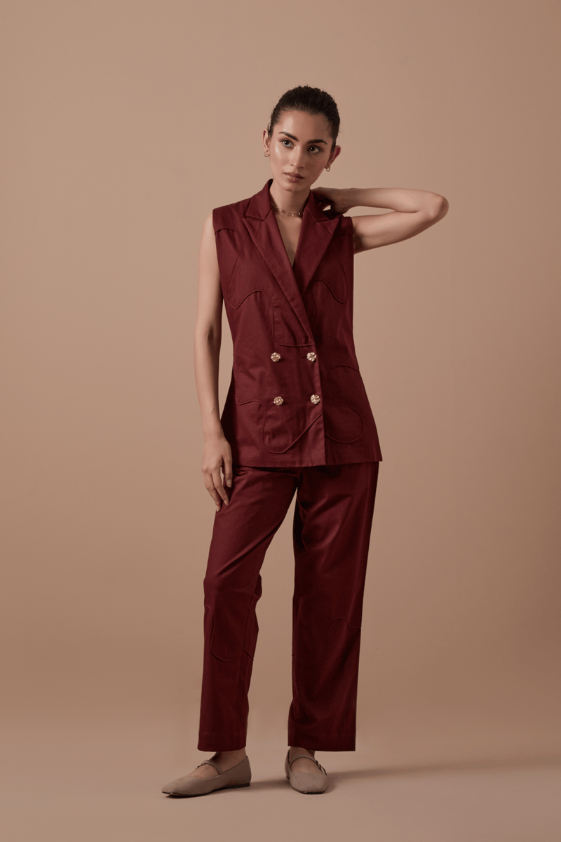 Merlot Sleeveless Double-Breasted Tailored Blazer