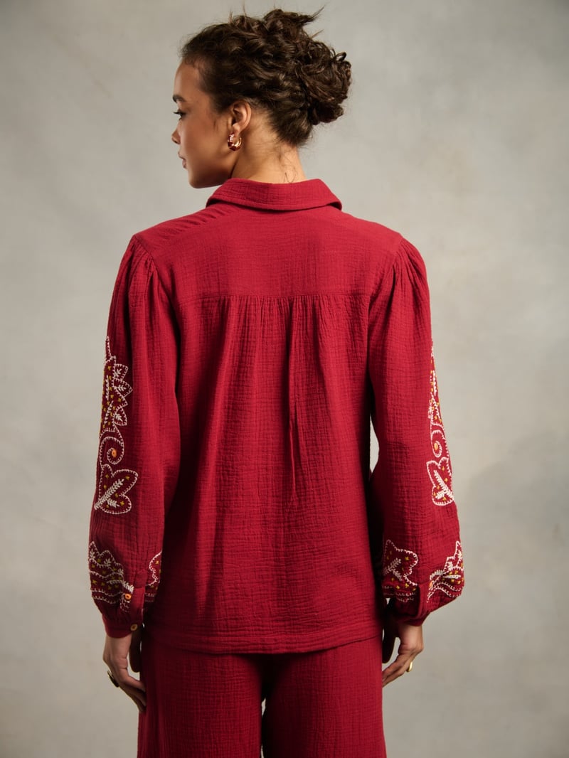 Maroon Embroidered Cotton Button-Down Shirt