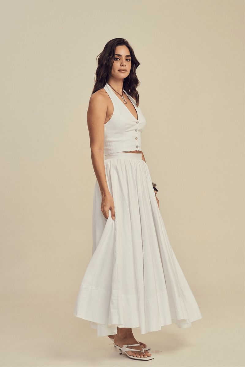 White Cotton Circular Flare Maxi Skirt with Side Zip