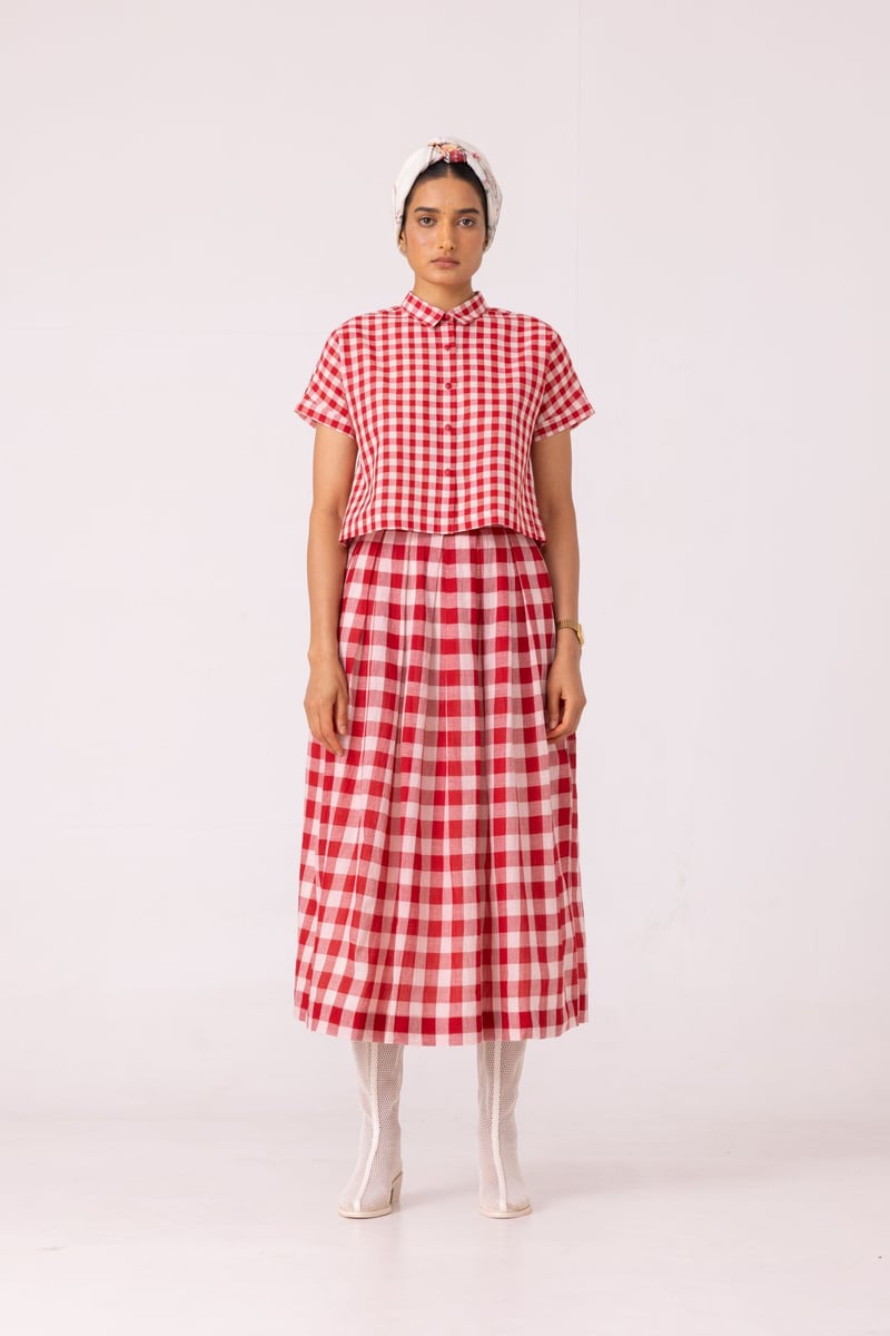 Red Checked Handwoven Cotton Midi Skirt with Box Pleats