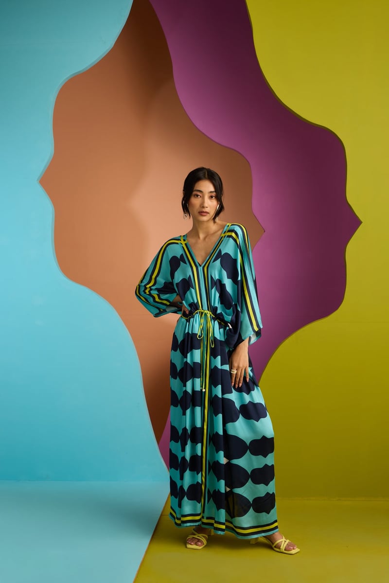 Blue Abstract Print V-Neck Kaftan with Drawstring Waist