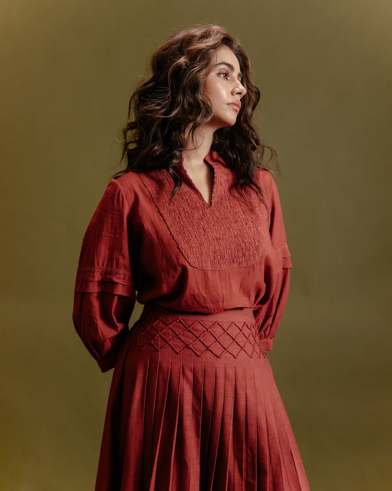 Rust Cotton Top with Textured Yoke and Bishop Sleeves