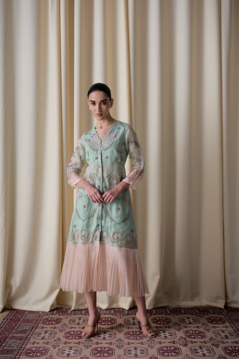 Mint Green and Peach Embroidered Silk Organza Midi Dress — Love Kiki