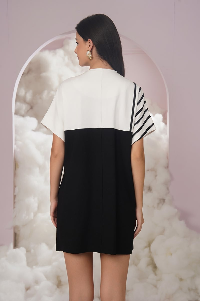 Black/White Colorblock Button-Front Mini Shift Dress