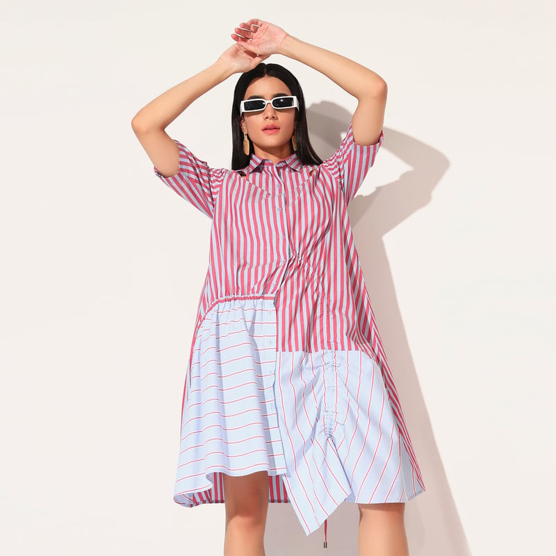 Red and Blue Colorblocked Striped Shirt Dress