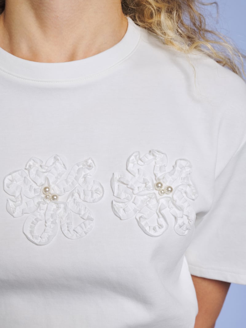Pearl White Floral Applique Jersey T-Shirt