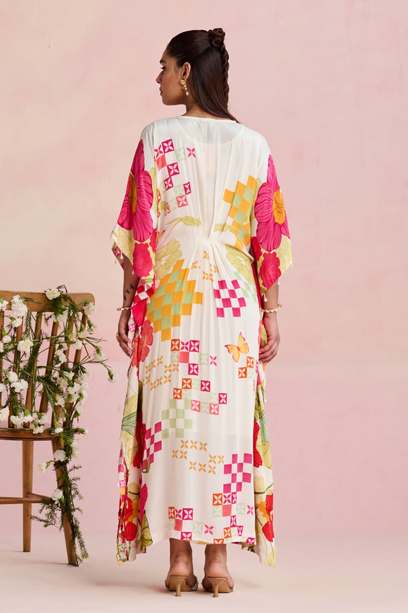 Multicolor Printed Crepe Kaftan with Embellished V-Neck