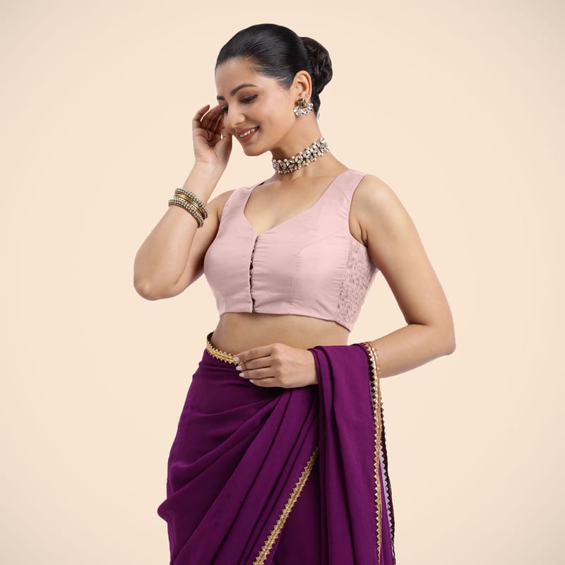 Baby Pink Sleeveless V-Neck Front-Open Saree Blouse