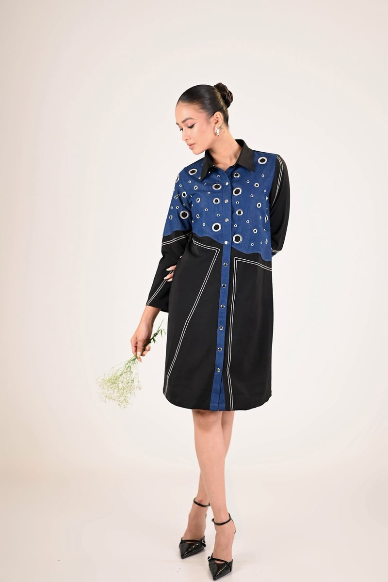 Black and Indigo Colorblock Shirt Dress with Eyelet Detail