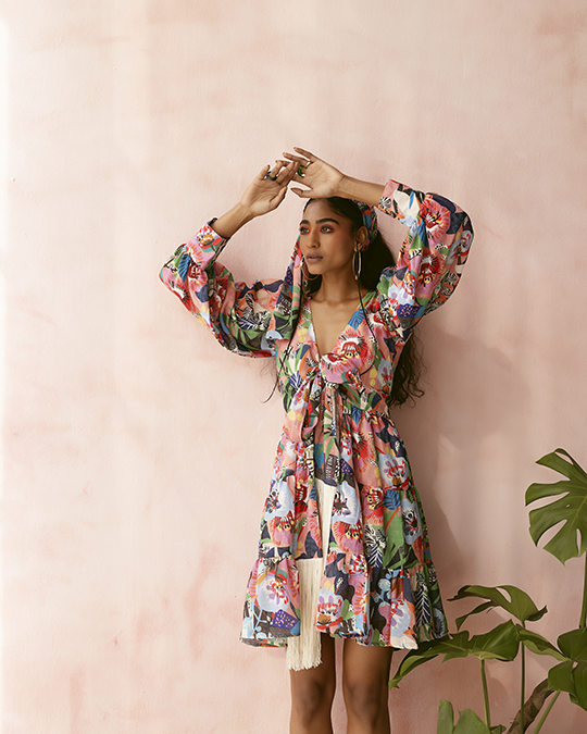Blue Multicolor Printed Tiered Mini Dress with Front Tie